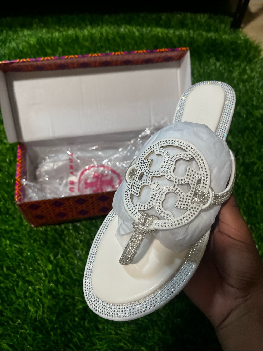 Tory Burch White Jeweled Logo Thong Sandal